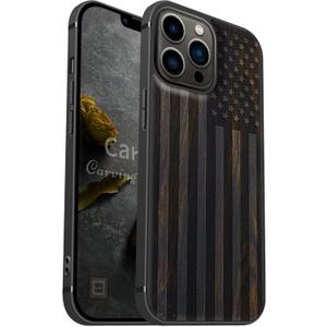 Carveit Magnetic Wood Case for iPhone 13 Pro Max [Hard Real Wood & Soft TPU] Unique & Classy Wooden Shockproof Hybrid Protective Cover Compatible with MagSafe (American Flag-Blackwood)