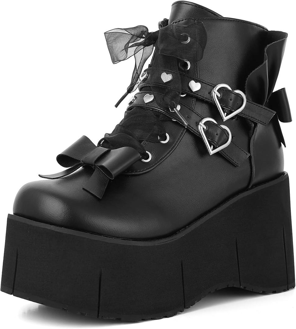 Tscoyuki Studs Platform Boots for Women Goth Rave Boots Round Toe Chunky Wedge Heel Combat Ankle Boot w/Side Zip Buckle Booties for Concert (8, Black 1)