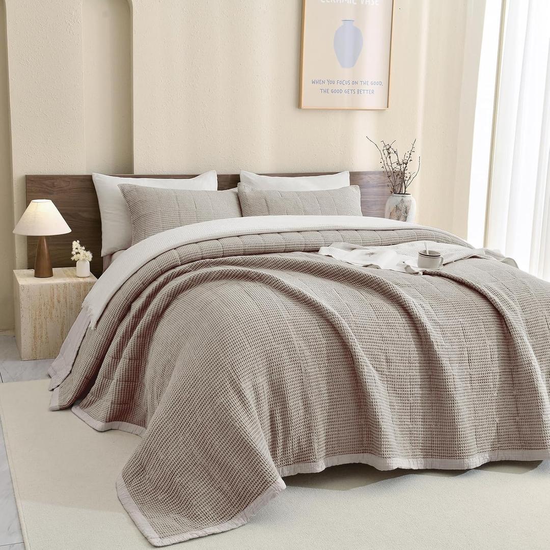 Sanracie Oversized King Bedspread(128"x120"), Cotton Waffle Weave Quilt Set 3Pcs Soft Lightweight Farmhouse Quilt California King Size Oversized Extra Large Wide Bedding Coverlet for All Seasons (Dark Khaki)
