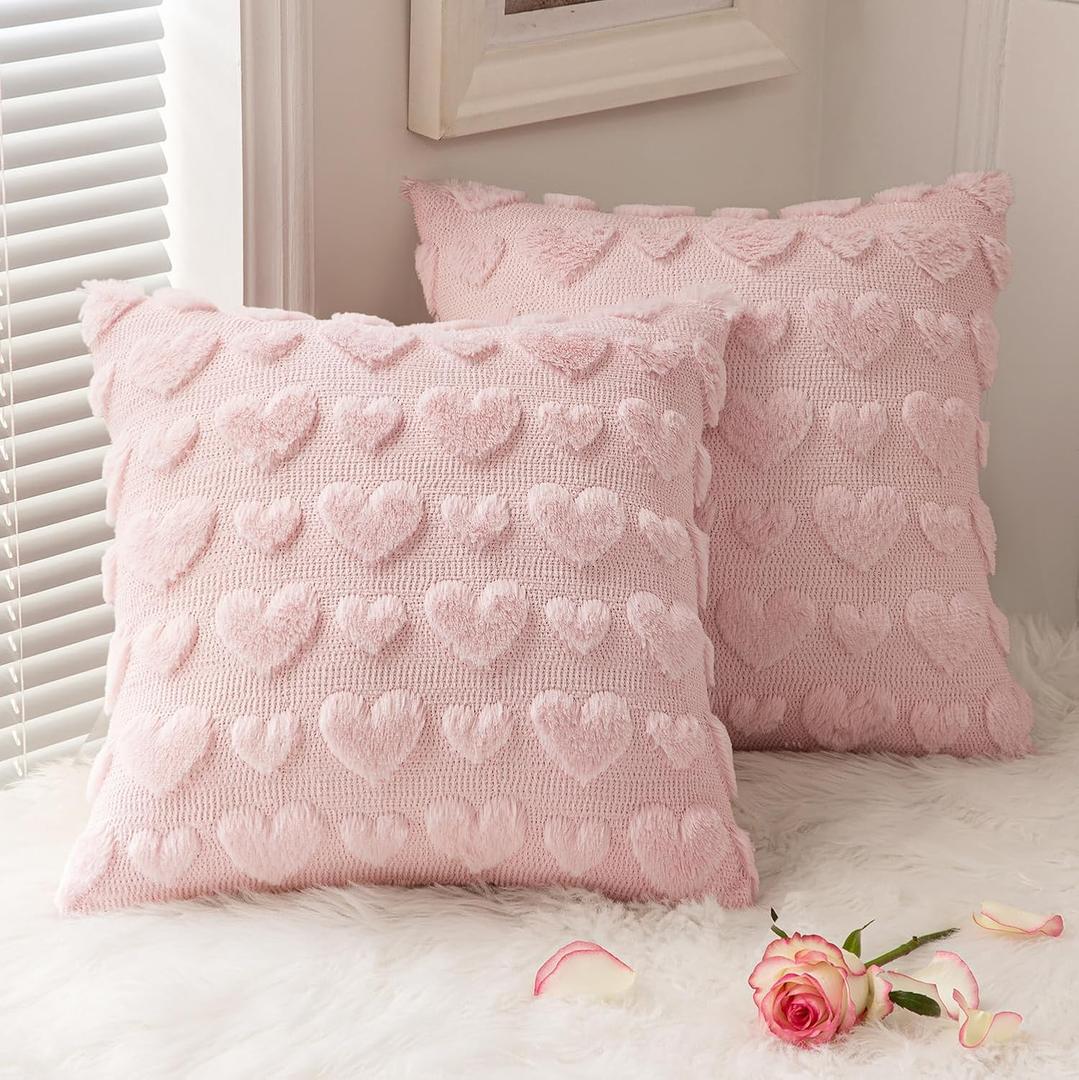 MIULEE Valentines Pillow Covers 18x18 Inch Set of 2 Valentines Day Light Pink Heart Love Decorative Cute Soft Plush Faux Fur Throw Pillows for Girl Couch Sofa Bedroom Holiday Home Decor