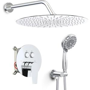 SR SUN RISE Shower System, 12 inch Multifunction Shower Faucet Set, 6 Setting High Pressure Handheld Rain Shower Head Kits, Valve Included - Push Button Diverter,Stainless Steel,Polished Chrome