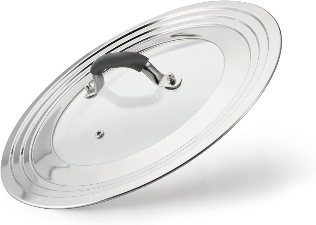 Universal Pans Pots Lid Cover Fit All 8.25 Inch to 12 Inch Pots/Pans/Woks Stainless Steel and Glass Lid with Heat Resistant Knob, Black (Arc-shaped Handle)
