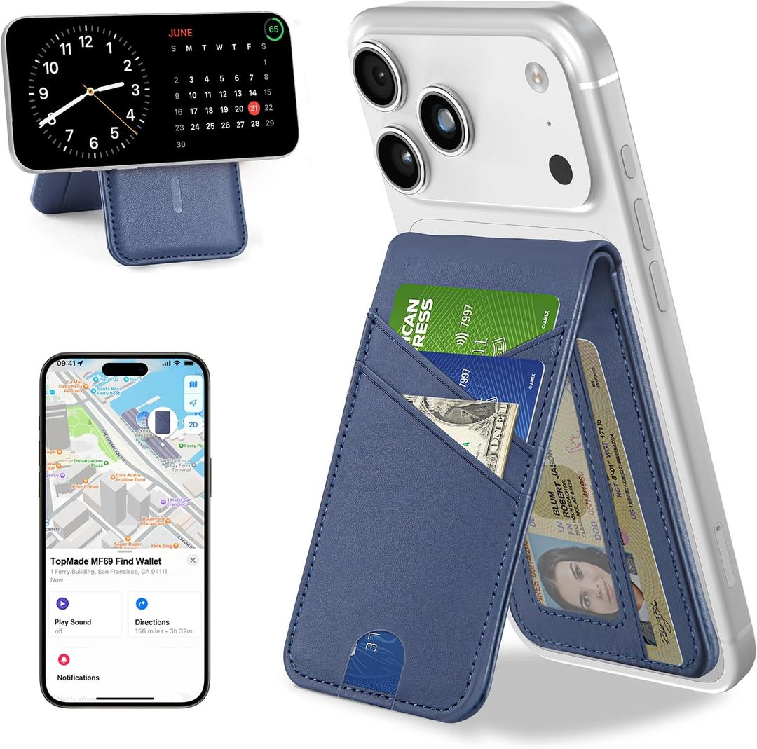 TopMade for Magsafe Wallet, Works with Apple Find My, 6 Card Holder with Adjustable Stand, Finder Tracker, RFID Blocking, Strongest Magnetic Wallet for iPhone 17/16/15/14/13/12 Series, Slim, Blue