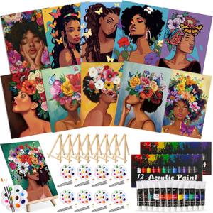 Ctosree 72 Pcs Flower Lady Paint and Sip Kit for Adults 8'' x 10'' Pre Drawn Canvas for Painting DIY Pre Printed Canvas for Party Favor Afro Acrylic Painting Kit Wood Easel Brushes Date Night Bulk