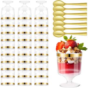 BHHQHH 160Pcs Dessert Cups with Golden Spoon,5Oz Clear Plastic Parfait Cups,Mini Appetizer Pudding Cups Disposable Shooter Cups for Fruit Ice Cream Mousse Cake Birthday Party Events Supplies