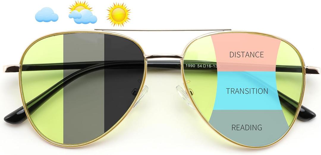 FEISEDY Photochromic Progressive Multifocal Reading Glasses Blue Light Blocking & Night Vision Metal Aviator Frame B0396 (Gold)