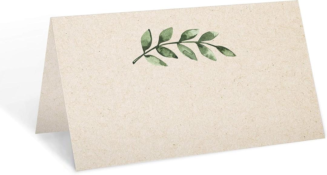 321Done Greenery Place Cards, Made in USA - 3.5x2, Blank Tent Cards for Name Food Table Setting Dinner Party Seating Wedding Rustic Green Leaves in Tan - Set of 50