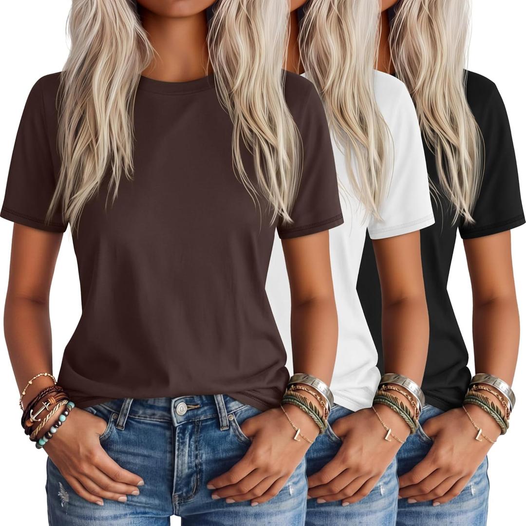 Ficerd 3 Pack Women's Short Sleeve T-Shirts, Loose Fit Crew Neck Tunic Tops Casual Solid Basic Tee Shirts Curved Hem Blouses