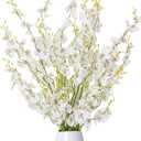 Kisflower 12Pcs White Artificial Orchids Flowers, Fake Dancing Orchids Bouquet Silk White Faux Bouquet for DIY Indoor Outdoor Wedding Party Home Kitchen Office Decoration