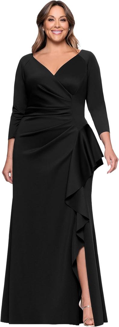 Xscape Women’s Techno Scuba V-Neck Three Quarter Sleeve Floor Length Dress (Plus), Black, 16W