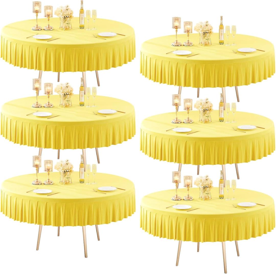 6 Pack Yellow Round Spandex Tablecloth for 72 inch Table, Wrinkle Free Stretchy 120inch Fitted 6FT Round Table Cloths Cover with Skirt for Wedding Birthday Party Dining Banquet Events