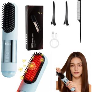 2026 New Go Brush Pro - 3 Temps Portable Cordless Hair Straightener Brush for Travel, 30s Fast Heat & Led Digital Display(C/F), Cool Air Setting On The Back (Blue)