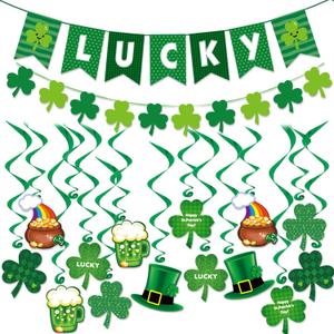 UOUYOO St. Patrick's Day Decorations Green Shamrock Lucky Banner Clover Hanging Swirls Garlands for Irish Decor Home Party Favors Supplies