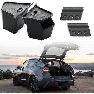 GEEDAR Tesla Model Y Juniper Trunk Organizer Set, 2 Trunk Storage Bins with TPE Lid + 2 Rear Trunk Organizer Hooks, Rear Trunk Side Storage Box for Model Y Juniper 2025 2026 Interior Accessories
