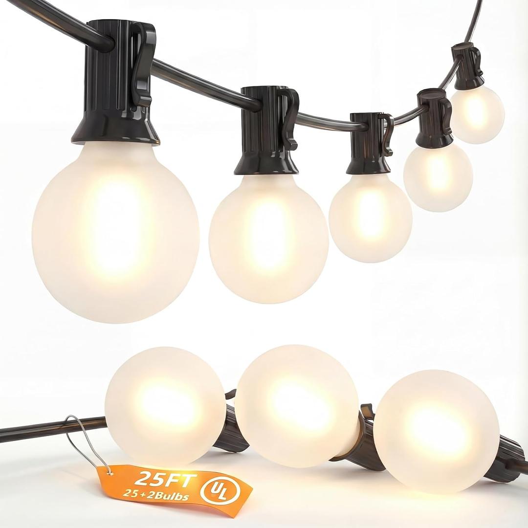 G40 Outdoor Globe Lights, 25FT Globe Christmas Lights with 27 LED Shatterproof Frosted Bulbs (2 Spare), Outdoor String Lights for Party Patio Garden Backyard Bistro Pergola Gazebo Decor, Black Wire