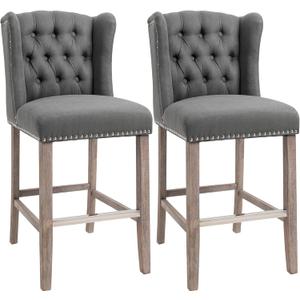 HOMCOM Counter Height Bar Stools Set of 2, Upholstered 26.75" Seat Height Barstools, Breakfast Chairs with Nailhead-Trim & Tufted Back, Wood Legs, Deep Grey (Dark Gray)