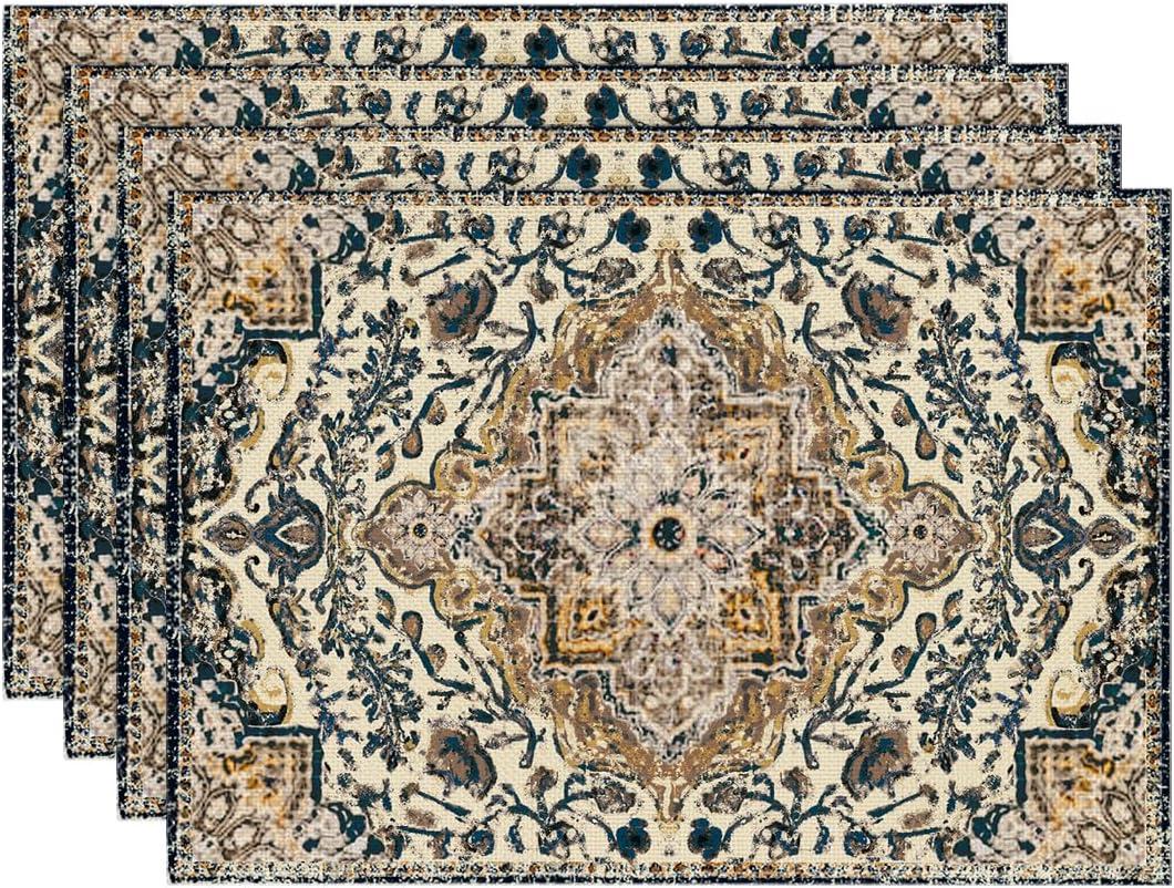 Artoid Mode Boho Placemats Set of 4, Daily Blue Teal Flowes Bohemia Table Mats for Home Party Dining Decoration 12x18 Inch