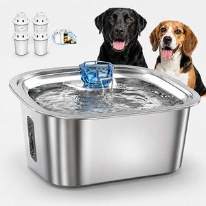 PETNF 2.4-Gallon Stainless Steel Dog Water Fountain for Large Dogs, Dog Water Bowl Dispenser with 4 Filters, Visible Water Window, Quiet Pump & LED Low-Water Indicator