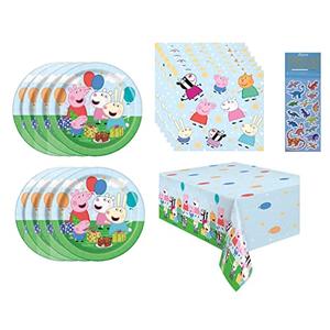 Peppa Pig Birthday Party Supplies Decoration Bundle Pack for 16 includes 16 Dessert Plates, 16 Lunch Napkins, 1 Table Cover, 1 Dinosaur Stickers