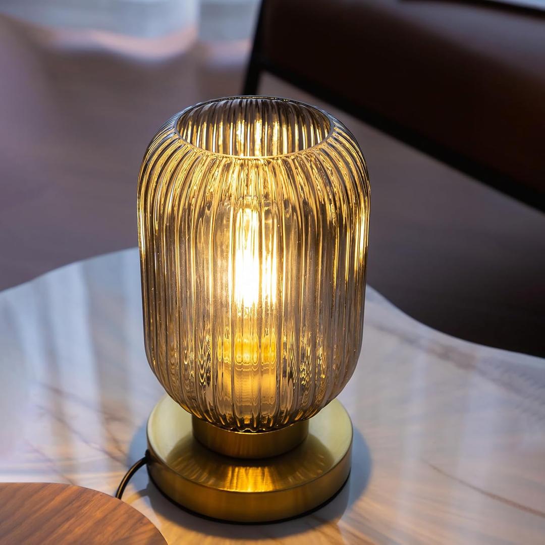 Bedside Table Lamp with Glass Shade, Small Nightlight Lamp Elegant Gray Ribbed Glass Nightstand Lamp Modern Desk Lamp with Plug-in Style for Bedroom Living Room Tabletop Dia5.9 x H9.8