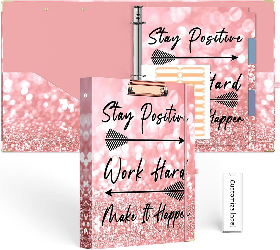 EYROZILL 3 Ring Binder 1 Inch for Letter-Size Paper with 5-Tab Dividers, Cute Pink 8.5" x 11" Three Ring Binders with Clipboard for Women School Office Supplies, Stay Positive