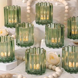HAVITI Glass Green Votive Candle Holder, Ribbed Votive Candle Holders Set of 12, Tealight Candle Holder for Wedding Centerpieces Dinner Party Table Decor