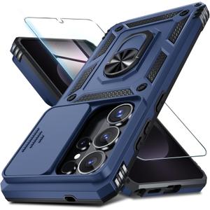 Janmitta Compatible with Samsung Galaxy S26 Ultra Case Built in Slide Camera Lens Cover+Screen Protector+Finger Ring Holder Kickstand,Heavy Duty Shockproof Full Body Phone Cover,2026 Blue