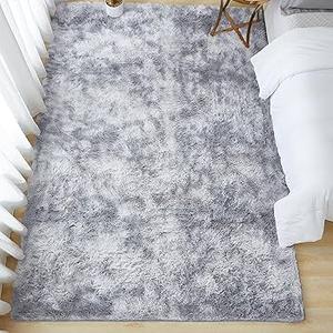 Soft Area Rugs for Living Room Bedroom, 5x8 Fluffy Shaggy Bedside Rug, Non-Slip Large Shag Fuzzy Plush Carpets for Bedroom Kids Dorm Nursery Home Decor Aesthetic, Tie-Dyed Light Grey