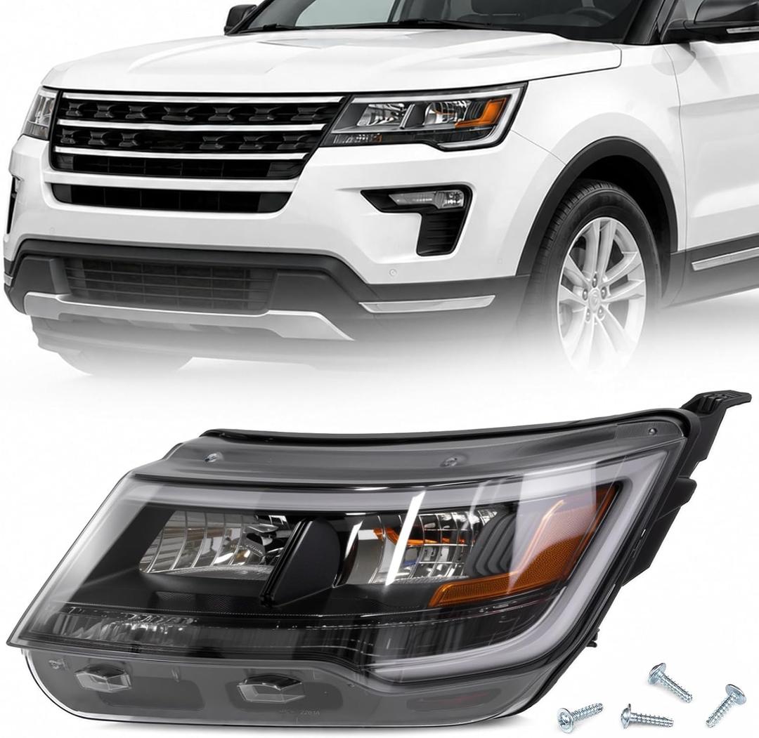 LH Chrome Bezel LED Headlight Assembly W/o LED Control Module Compatible with 2016-2019 Ford Explorer Sport/Limited/XLT/Platinum (Halogen Model), Headlamp W/LED DRL Replace FO2518130