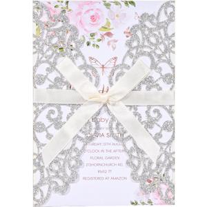 50 Pcs Sliver Glitter Wedding Invitations with Envelopes and Rsvp Cards Ribbons Laser Cut Invitation Blank Inner Sheet Pearl Paper 