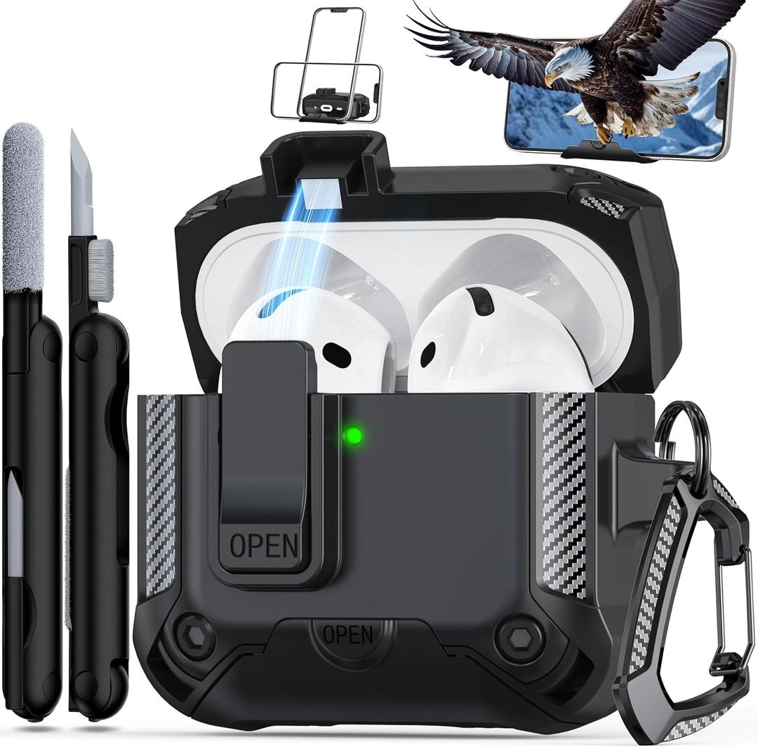 RFUNGUANGO for AirPods 4th Generation Case, Compatible with AirPods 4th Generation Case (2024), Military-Grade Drop Protection, Comes with Cleaning Kit, Comes with Phone Holder Function -Black (AirPods 4 Case, A-A-Black)