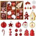 Alupssuc 65pcs Christmas Balls Ornaments Set, Shatterproof Plastic Baubles Gingerbread House, and Tree Topper for Xmas Tree Holiday Wedding Party Decorations with Hanging Strings, Gold & Red, White