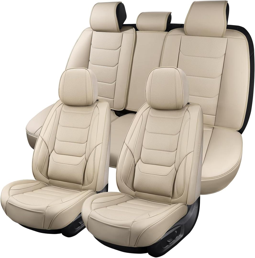 Leather Car Seat Covers Full Set Breathable Automotive Seat Covers Waterproof Seat Protectors Universal Fit for Most Automotive Cars SUV Trucks(Beige, Full Set)