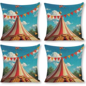 Kumikumi Clown Circus Tent Flags Throw Pillow Covers Linen Pillow Cases Square Cushion Case Decorative Couch Pillows Cover for Sofa Bedroom Living Room Car 18x18 inch 4Pcs