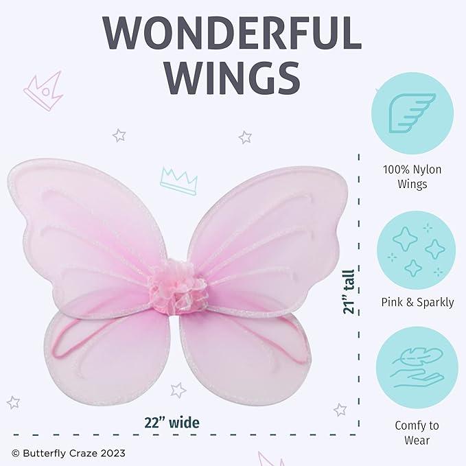 Sratte Fairy Princess Butterfly Wings Girls Kids Butterfly Costumes Set Star Wands Adults Christmas Birthday Party (Pink)