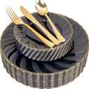 YOUBET 125PCS Clear Black Plastic Plates - Black and Gold Disposable Plates Include 50 Plate, 75 Gold Silverware for Wedding & Party & Birthday