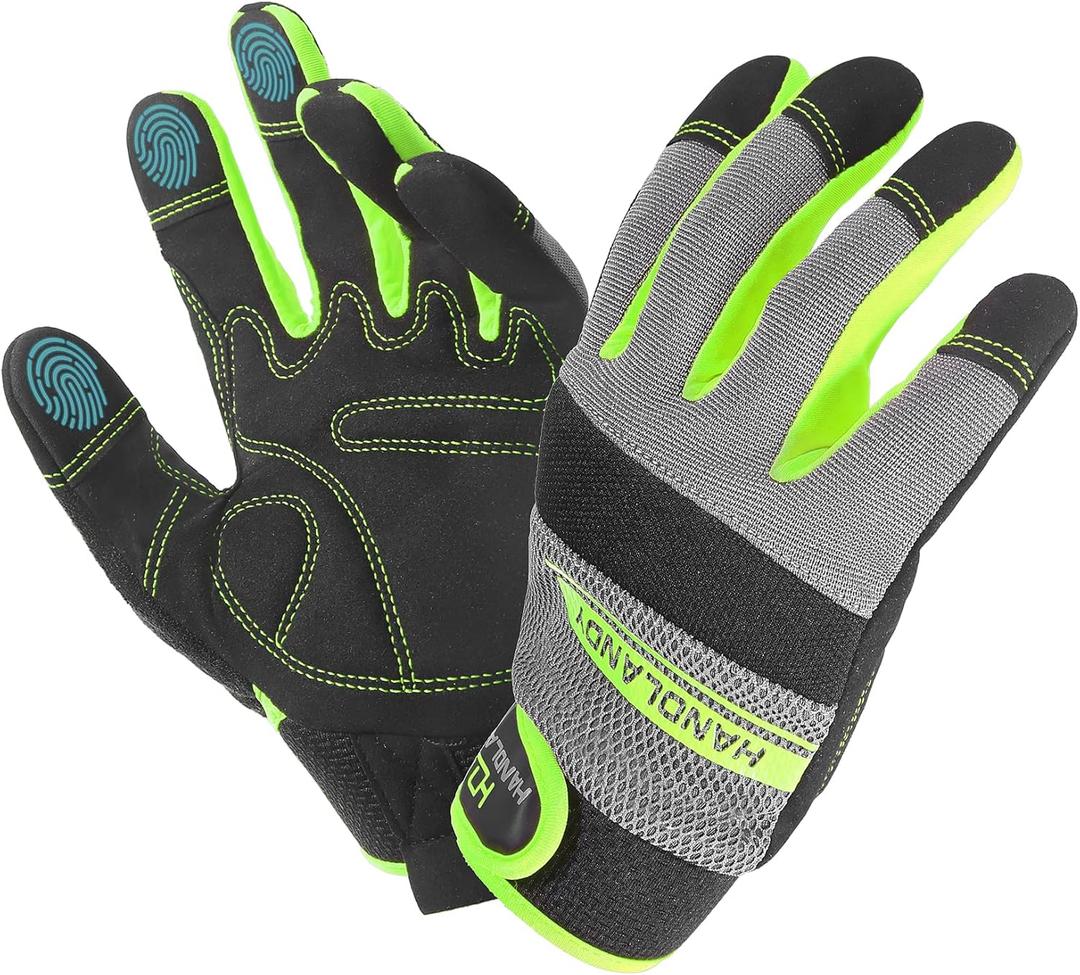 HANDLANDY Work Gloves for Men & Women, Utility Mechanic Working Gloves Touch Screen, Flexible Yard Work Gloves (Large (Pack of 1), Green)