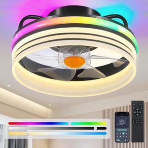 Flush Mount Ceiling Fan with RGB Light - 13 Small Bladeless Ceiling Fan Light with Reversible Mute Motor, RGB LED Dimmable, Low Profile Enclosed Ceiling Fans for Indoor, Kids Room, Party