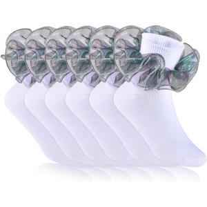 6 Pairs Girls White Ruffle Socks Toddler Big Double Shimmering Lace Turn Cuff Dress Socks (Green, S)