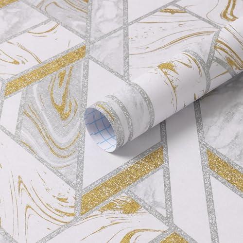 Safiyya 78.7"×17.3" White and Gold Wallpaper Geometric Peel and Stick Wallpaper for Bedroom Contact Paper for Cabinets Liner Self Adhesive Removable Wall Paper for Walls Vinyl 3 Rolls