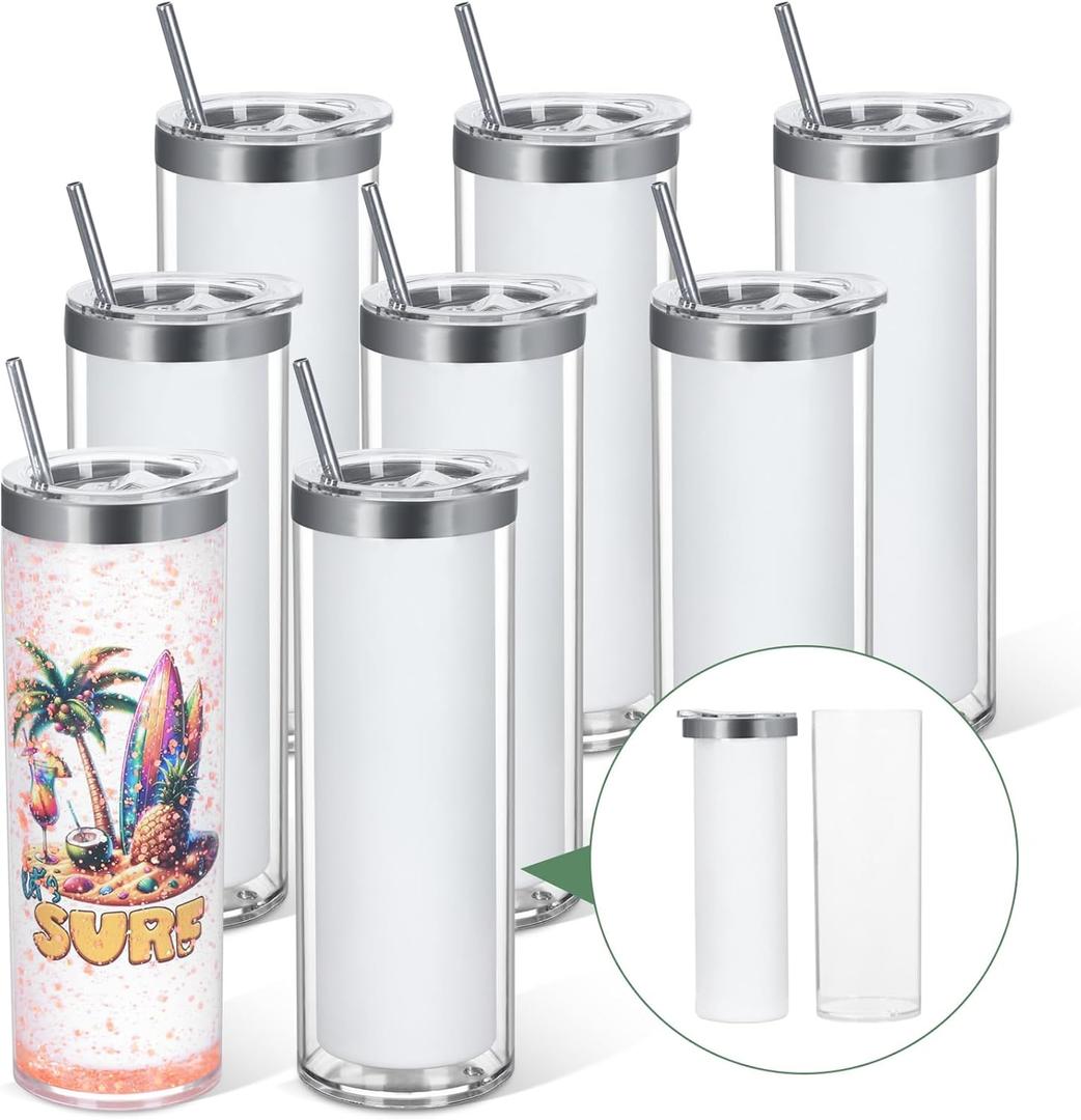 20 Oz 8 Pack Double Wall Pre Drilled Sublimation Storyboard Snow Globe Tumbler, Inner Stainless Steel Outer Plastic Insulated Storyboard Cups, DIY Interlayer for Glitter Storyboard Tumbler Gifts