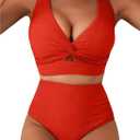 Herseas Women's Textured Bikini Sets Twist Front Top Swimsuits High Waisted Bathing Suits (Orange, S)