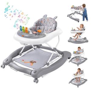 5 in 1 Foldable Baby Walker with Wheels, Music and Lights Bouncer Combo, Rocker, Activity Center for Baby Boys Girls, Adjustable Speed and Height for 6-18 Months (Grey)
