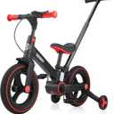 EOOWOY Balance Bike with Push Handle for Kids 18-60 Months, 6 in 1 Foldable Push Bike with Training Wheels & Pedals, Balance Bicycle for Boys and Girls with Brakes & Kickstand, Black