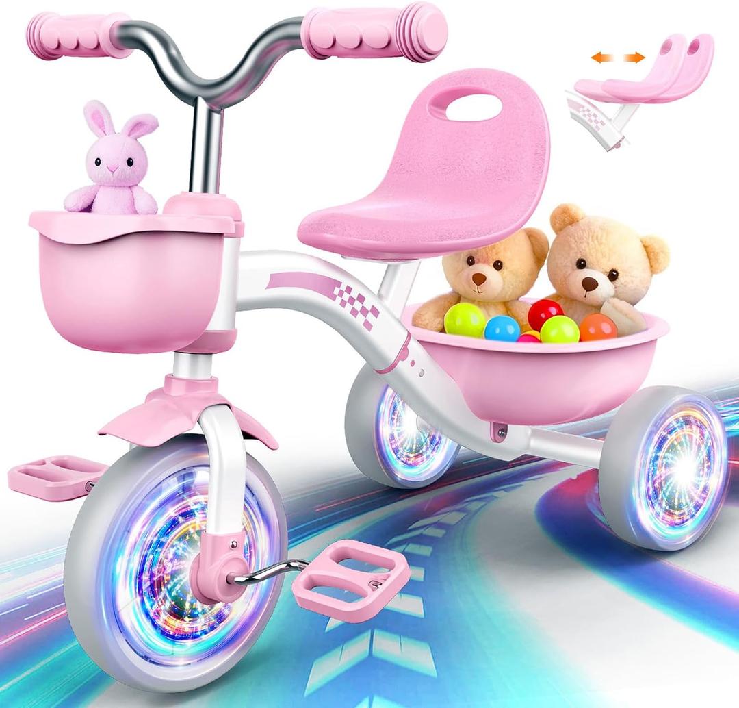 Kkdi Toddler Tricycle for 1-3 3-5 Year Olds, 2 3 4 5 Year Old Girl Birthday Gifts, Pink Toddler Baby Bike, 4-Level Adjustable Seat, 3 Color Light Wheels, 2 Baskets, Outdoor Riding Toys for Ages 2-4