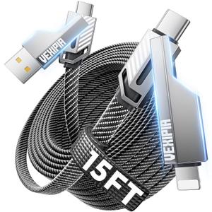 4-in-1 Long USB C Cable 60W 15FT Compatible With Lightning Cable [Fast Charging&Data Transfer] Flat Nylon Braided for iPhone iPad Charger Cord, Multi Charge Wire Combo with L/Type C/USB A Port