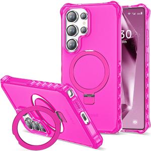 Compatible with Samsung Galaxy S24 Ultra Case 6.8'' Cute Wavy Frame with Magnetic Stand [Compatible with Mag-Safe] Military-Grade Translucent Phone Case for Women Girls, Hot Pink