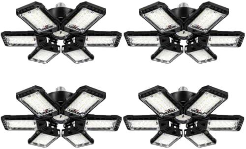 Aoretic LED Garage Lights 4 Pack -180W, 18000LM 6500K Led Shop Light with 6+1 Deformable Panels, Basement Barn Light Garage Ceiling Lights, E26/E27 for Garages, Warehouse, Shop