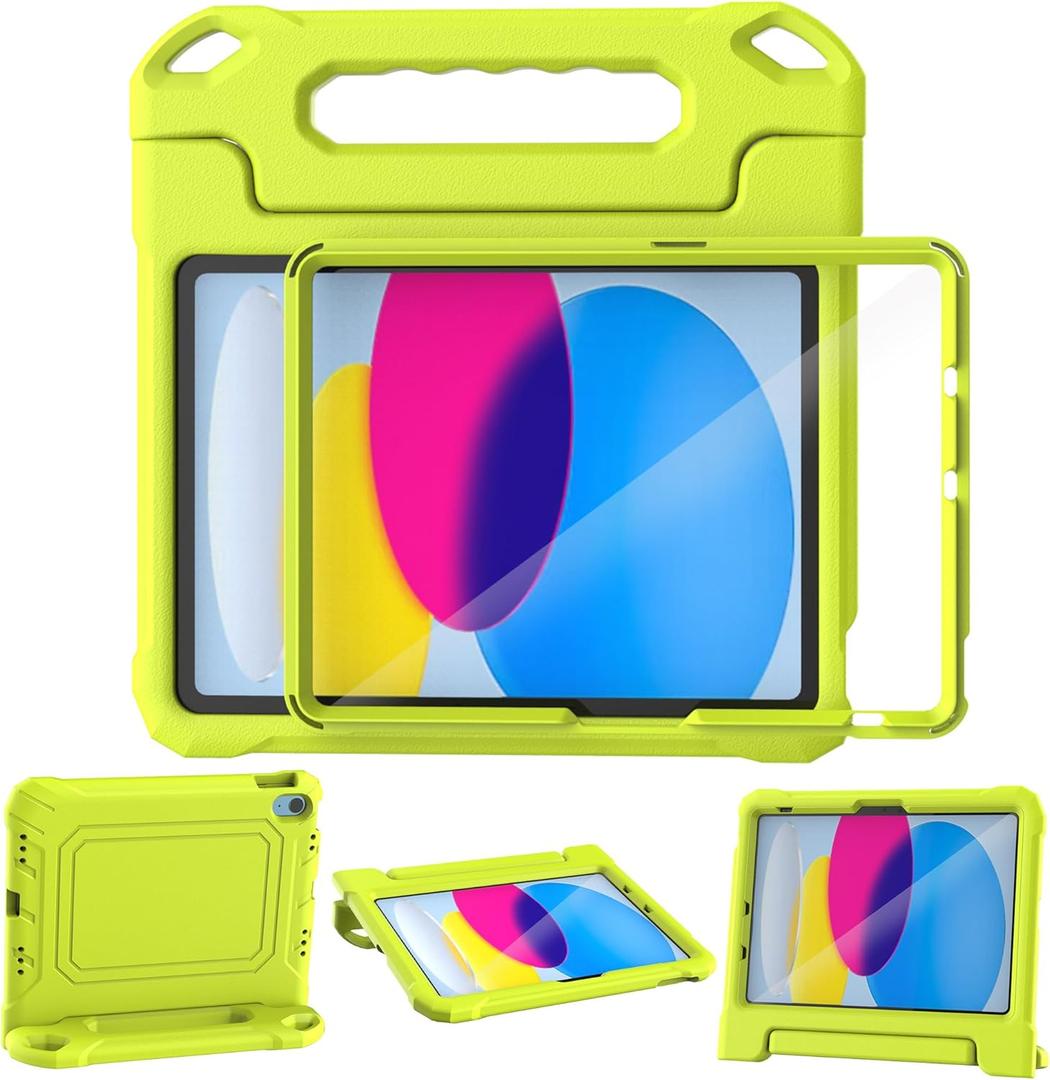 YIHE Kids Case for iPad (A16) 11th Generation 11 Inch 2025 & iPad 10th Generation 10.9 inch 2022, with Built-in Screen Protector and Handle Stand, Full Body Shockproof Protective Cover, LightYellow