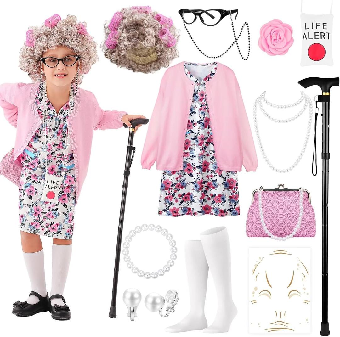 100 Days of School Old Lady Costume Set with Granny Dress Cardigan Old Lady Wig Glasses Grandma Dress Up Outfits 13Pcs (M (5-7yr), Pink)